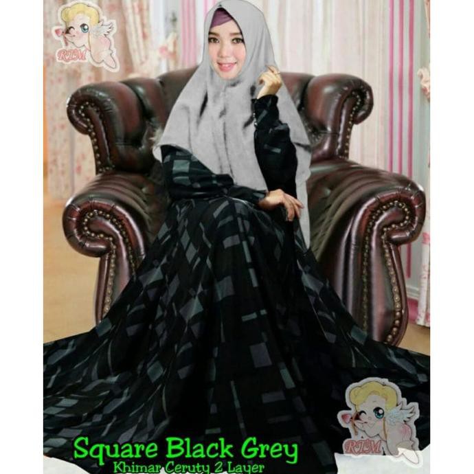 Gamis Jumbo Motif Kotak Square Black Abu Bahan Wolfis Monalisa Xxl - Hitam