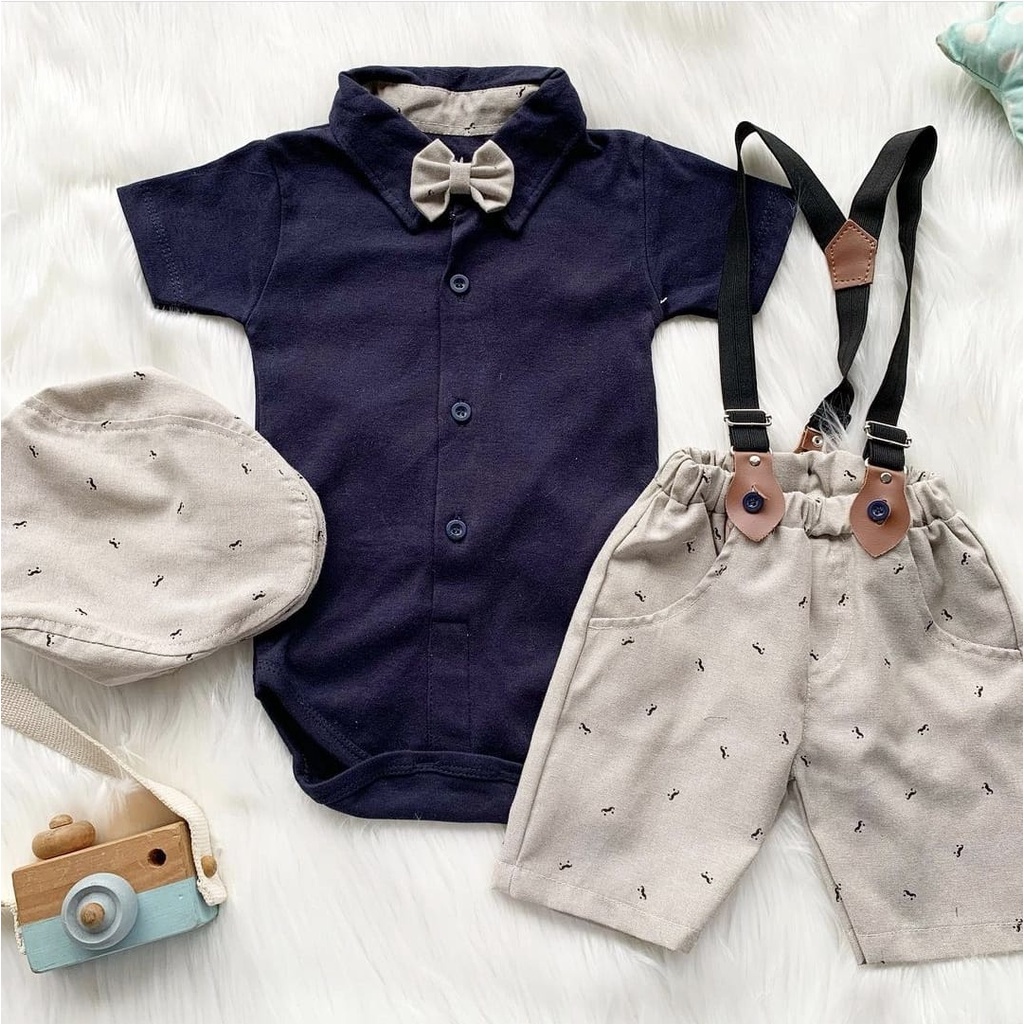 Baju bayi Setelan jumper celana suspender topi dasi motif bintik fashion anak bayi cowok laki baby boy -baw