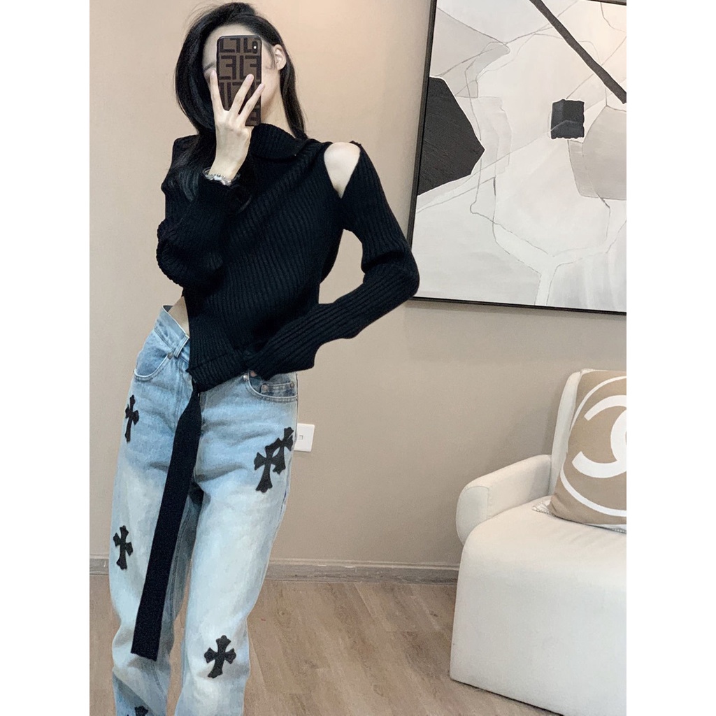 celana jeans high waist wanita high street croix heart blue cross jeans women hiphop straight pants