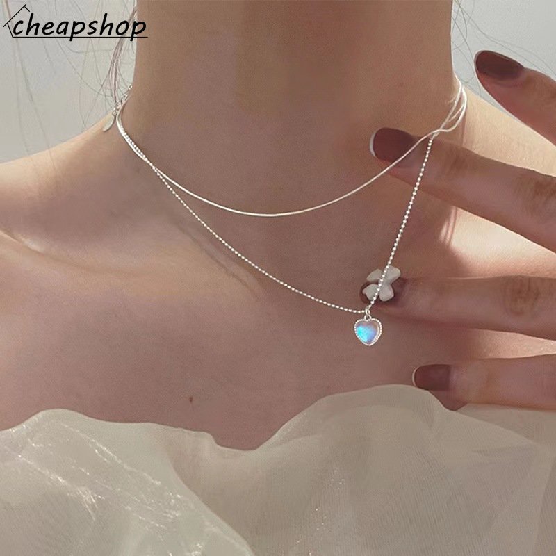 IFYOU Kalung Rantai Choker Liontin Batu Bulan Hati Ganda Warna Silver Gaya Vintage Korea Untuk Wanita