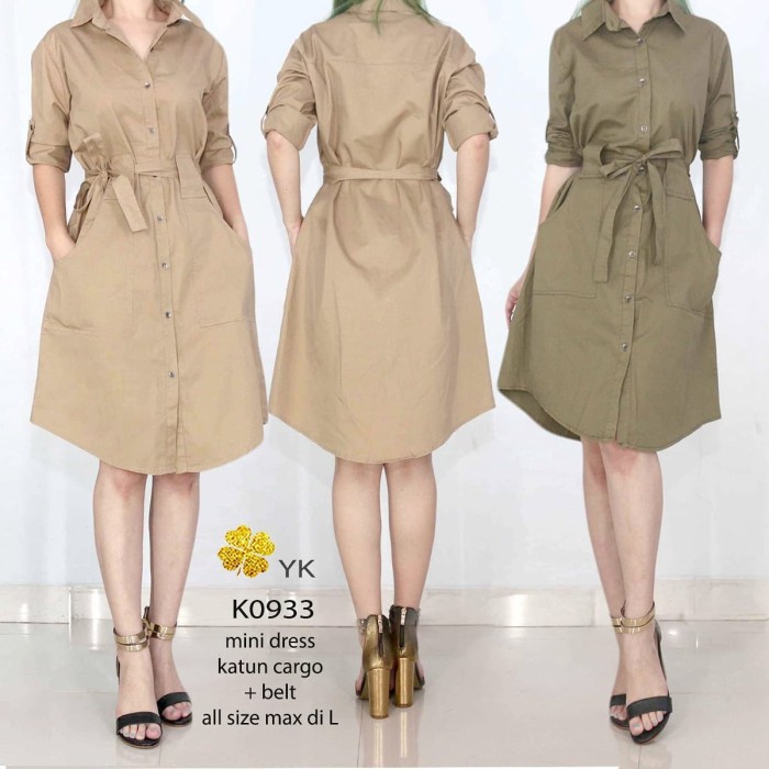 

Produk Terbaru - K0933 Mini Dress Cargo Kemeja + Belt Baju Wanita Import Crem Coklat