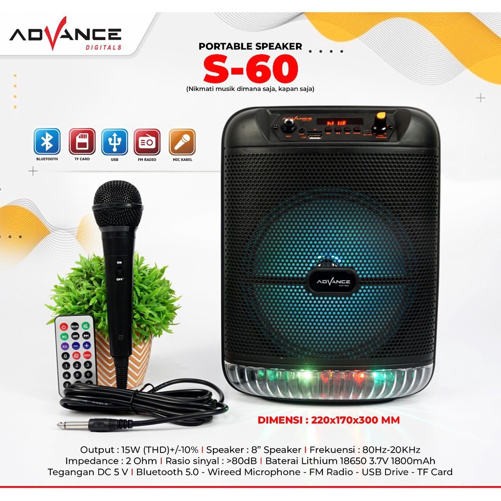 Speaker Advance Bluetooth Music &amp; Karaoke S-60 8inch / S60 8&quot; Free Mic