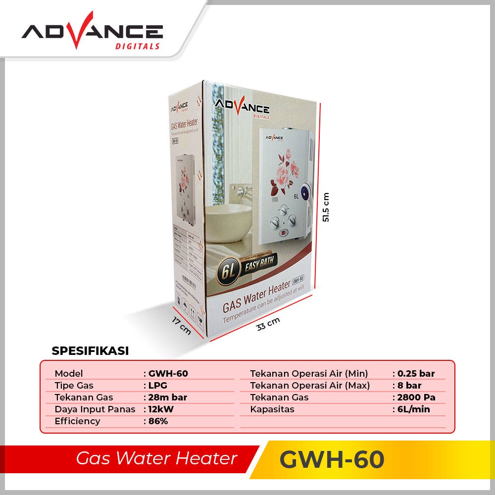 【Garansi 1 tahun】ADVANCE WATER HEATER GAS KAPASITAS 6 LITER