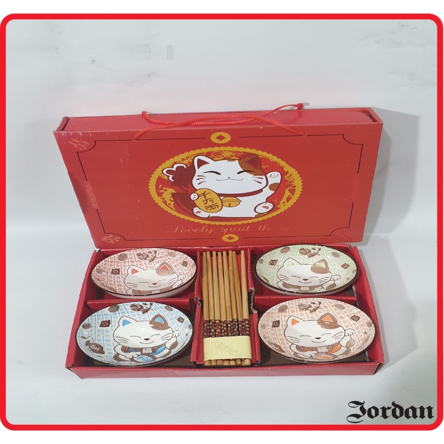 Mangkok Keramik Set Motif Kucing Lucu dan Sumpit Bowl Cat Set Japanese