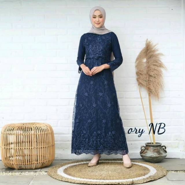 Gamis Brokat Tile Impor Mix Velvet Ory Nb Warna Navy Ghs Shopee Indonesia