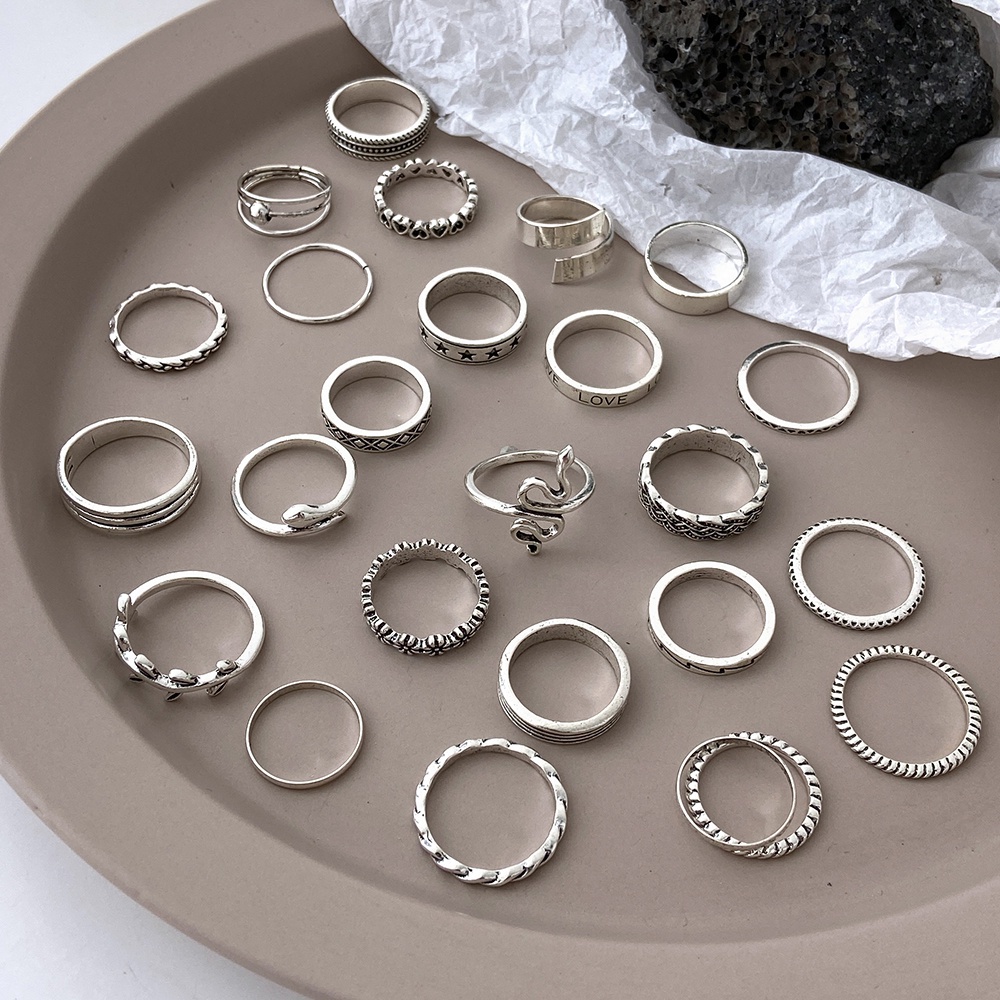 25pcs / Set Cincin Silver Model Ular / Hati / Daun Untuk Wanita