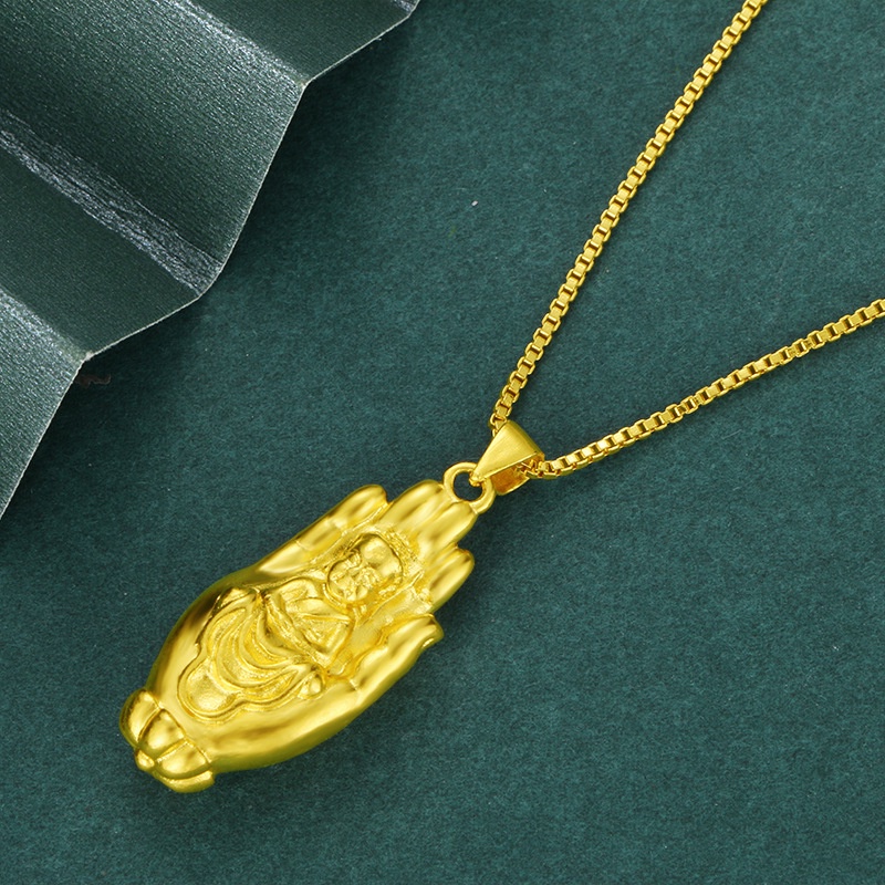 Kalung Dengan Liontin 3D Prodigy Buddha Gaya Retro Bahan Emas Emas Asli Kadar 375 Untuk Pria Dan Wanita