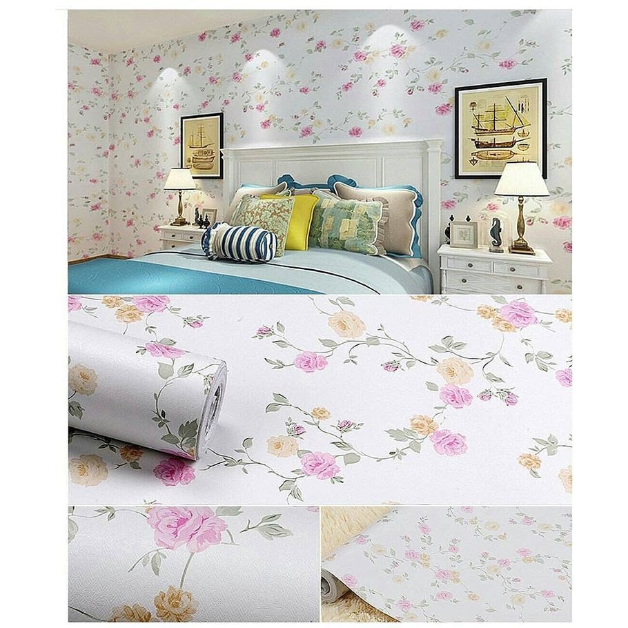 WALLPAPER/STICKER DINDING SHABBY CHIC PUTIH MAWAR PINK KUNING