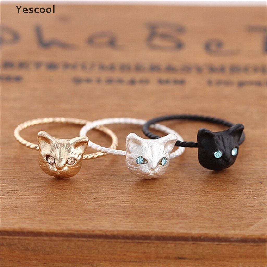 Yes 1Pc Cincin Bentuk Kucing Mini Aksen Berlian Imitasi Warna Goldsilverhitam Untuk Wanita