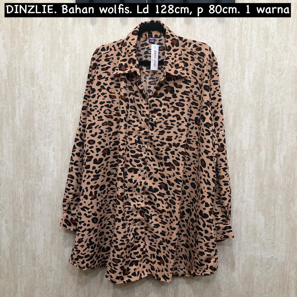 DINZLIE TUNIK DRESS KEMEJA PANJANG BAHAN WOLFIS MOTIF MACAN LEOPARD UKURAN JUMBO BIGSIZE XXXL