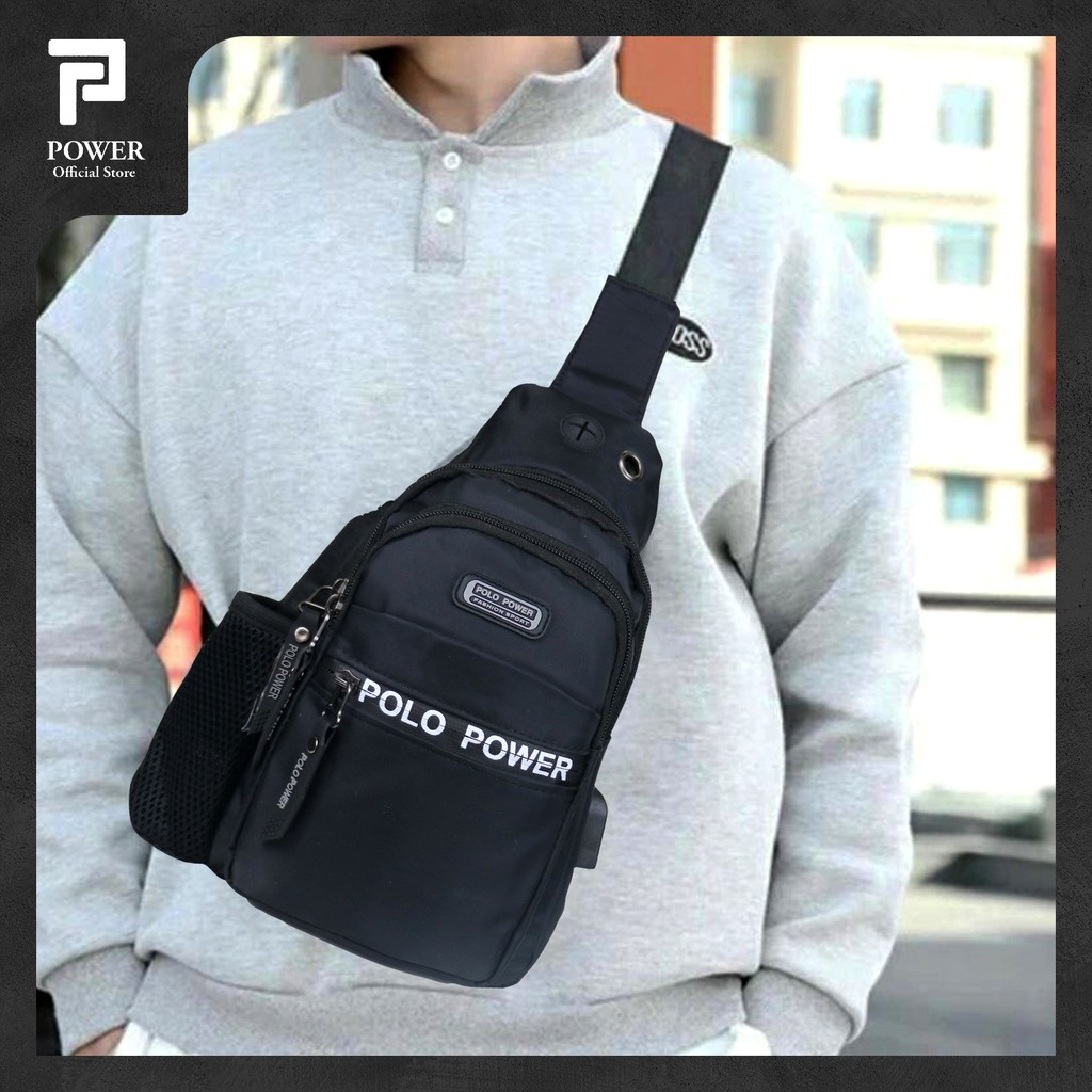 Polo Power Tas Pria Sling bag Import Waterproof USB Portable Tas Slempang Dada Pria Anti Air Tas Polo Original