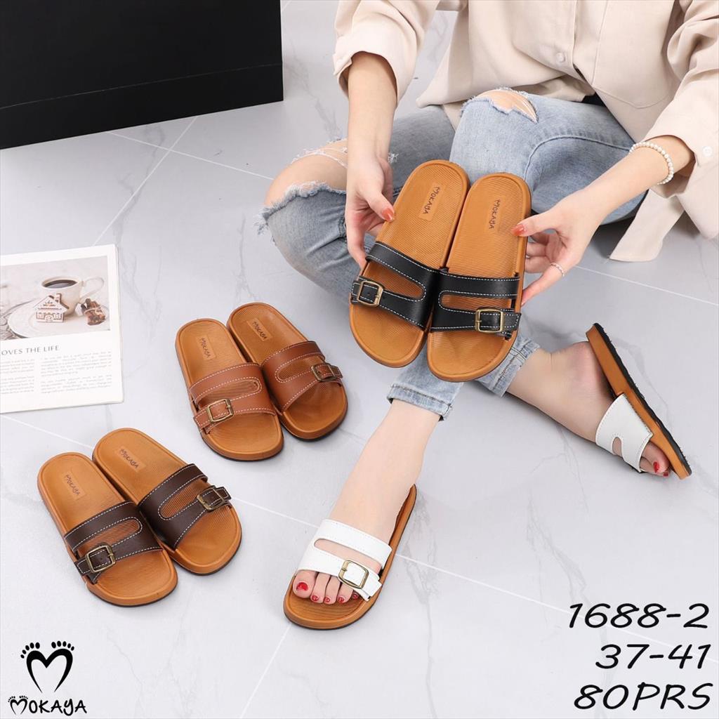 Sandal Slop Jelly Wanita Ban 2 Sambung Ada Gesper Casual Elegant Mewah Import Mokaya / Size 37-41 (1688-2)