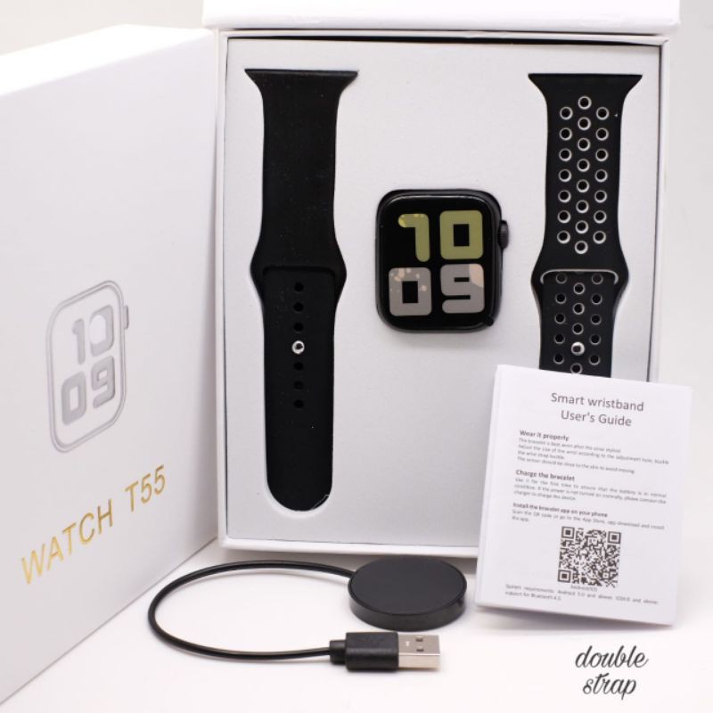 100%ORI COD JAM TANGAN Smartwatch T55 T500 DAPAT 2 TALI bisa telepon Bluetooth ganti wallpaper foto sendiri Notifikasi Sosmed Pemutar Musik Monitor Detak Jantung Tekanan Darah Wanita Pria Cewek Cowok-T55 Hitam 2TALI