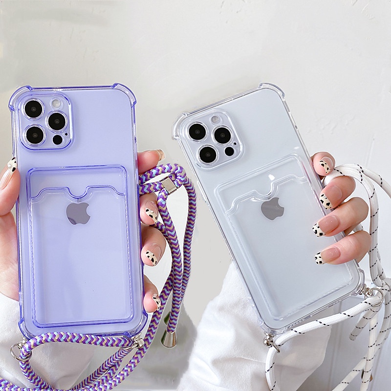 Soft case Dompet TPU Transparan Dengan Lanyard Untuk iphone 11 pro max 13 12 pro max Xs max XR 7 8 Plus Se 2020