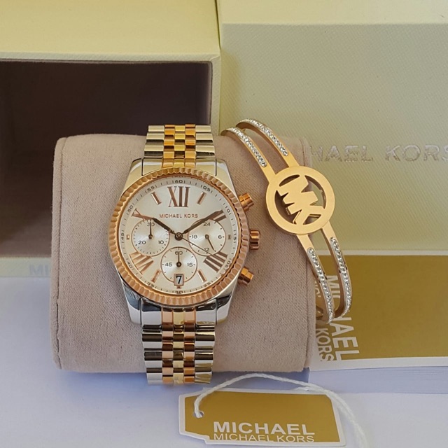Jam tangan wanita michael kors mk5735 lexington chronograph stainless steel + gelang 6cm