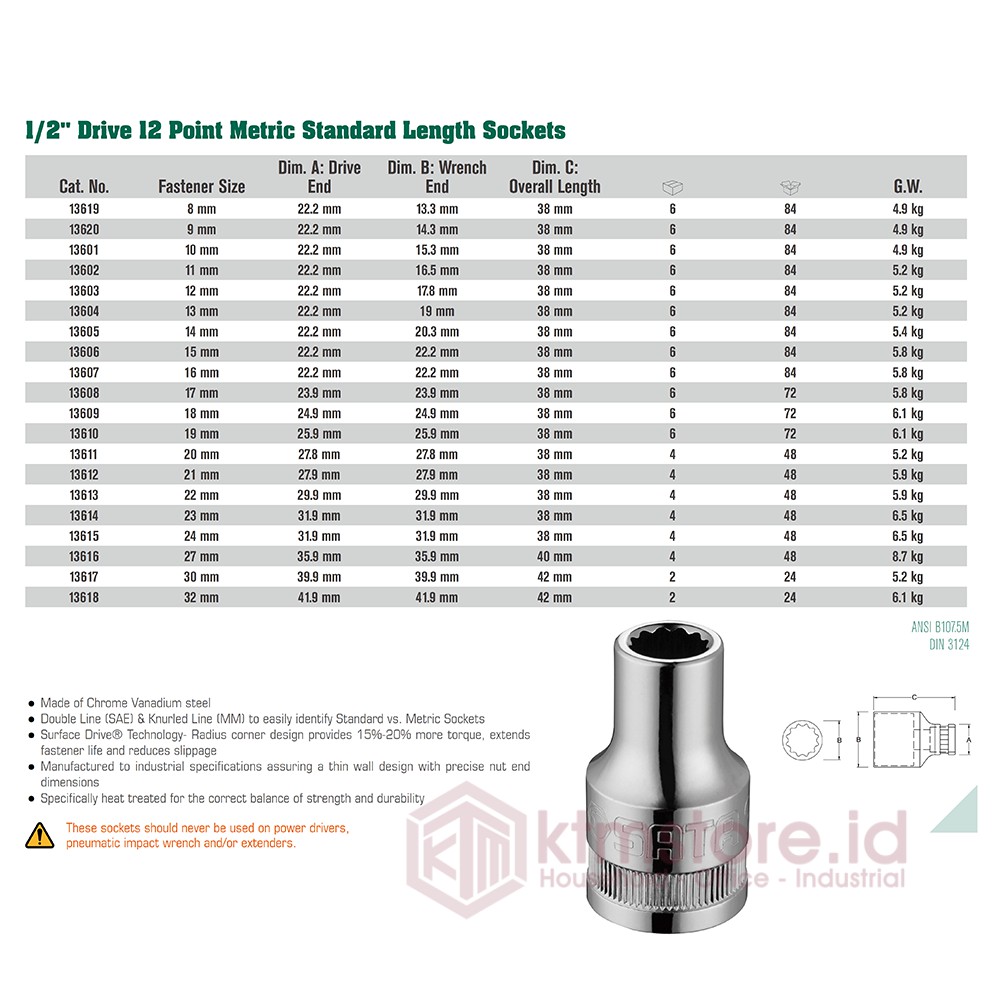 SATA TOOLS Socket Satuan 1/2 Inch 13 mm 12 point 13604