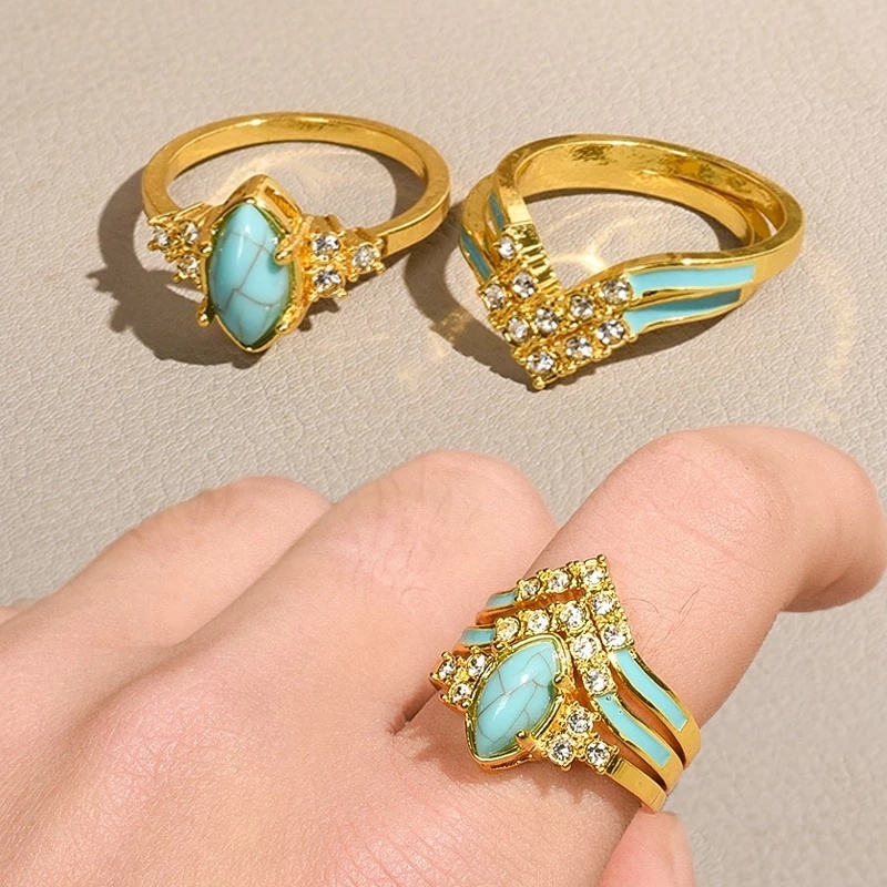 3pcs Cincin Hias Berlian Imitasi Warna Turquoise Gaya Vintage Untuk Wanita