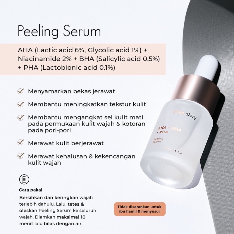 WHITE STORY Peeling Serum Indonesia / Brightening Acne Hydrating Advanced Soothing Exfoliating / Facial Wash Toner Essence Day Night Underarm Eye Cream Gel Clay Mask Masker Wajah Cleanser Cleansing Moisturizer Body Scrub Soap Face Care Oil / Paket Lengkap