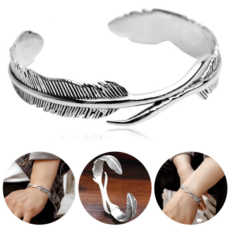 Gelang Bangle Open Adjustable Bentuk Bulu Warna Silver Tibet Klasik Untuk Pria / Wanita