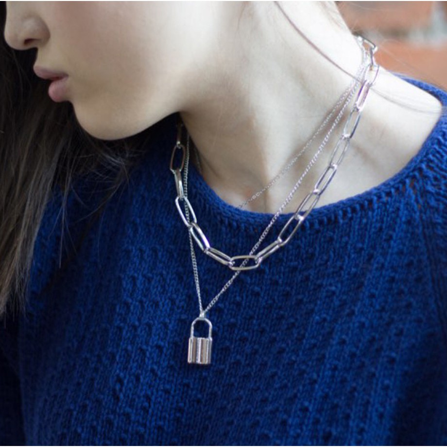 Kalung Rantai Choker GEMBOK KUNCI Korea Fashion Women Gaya Punk Hip Hop Lock Key Wanita Pria Retro