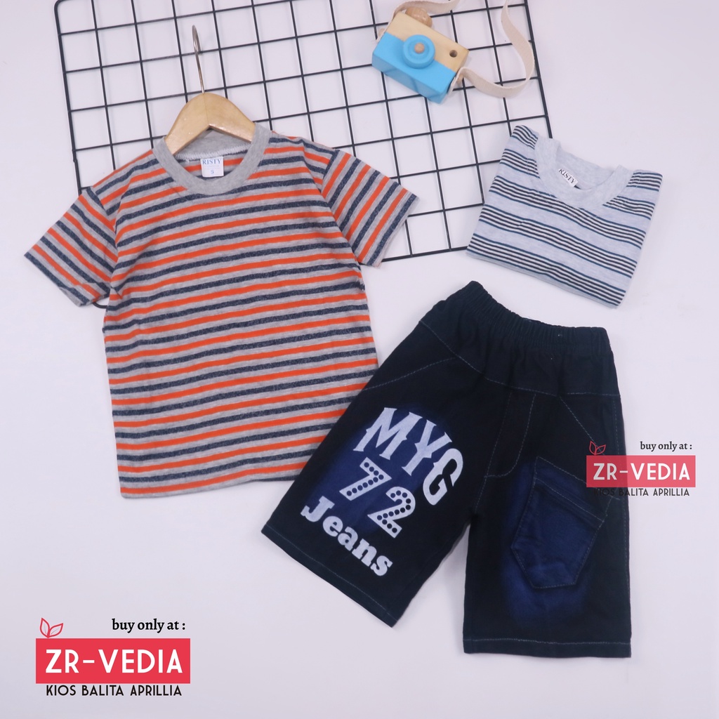 Setelan Salur Jeans uk 3-5 Tahun / Kaos Anak Laki Jeans Pendek Baju Lengan Setelan Murah Oblong