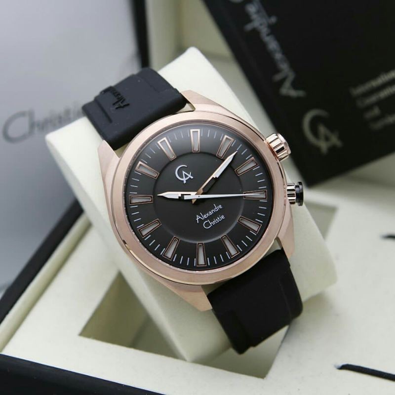 Jam Tangan Alexander Christie Black Rosegold+LED Button AC8630