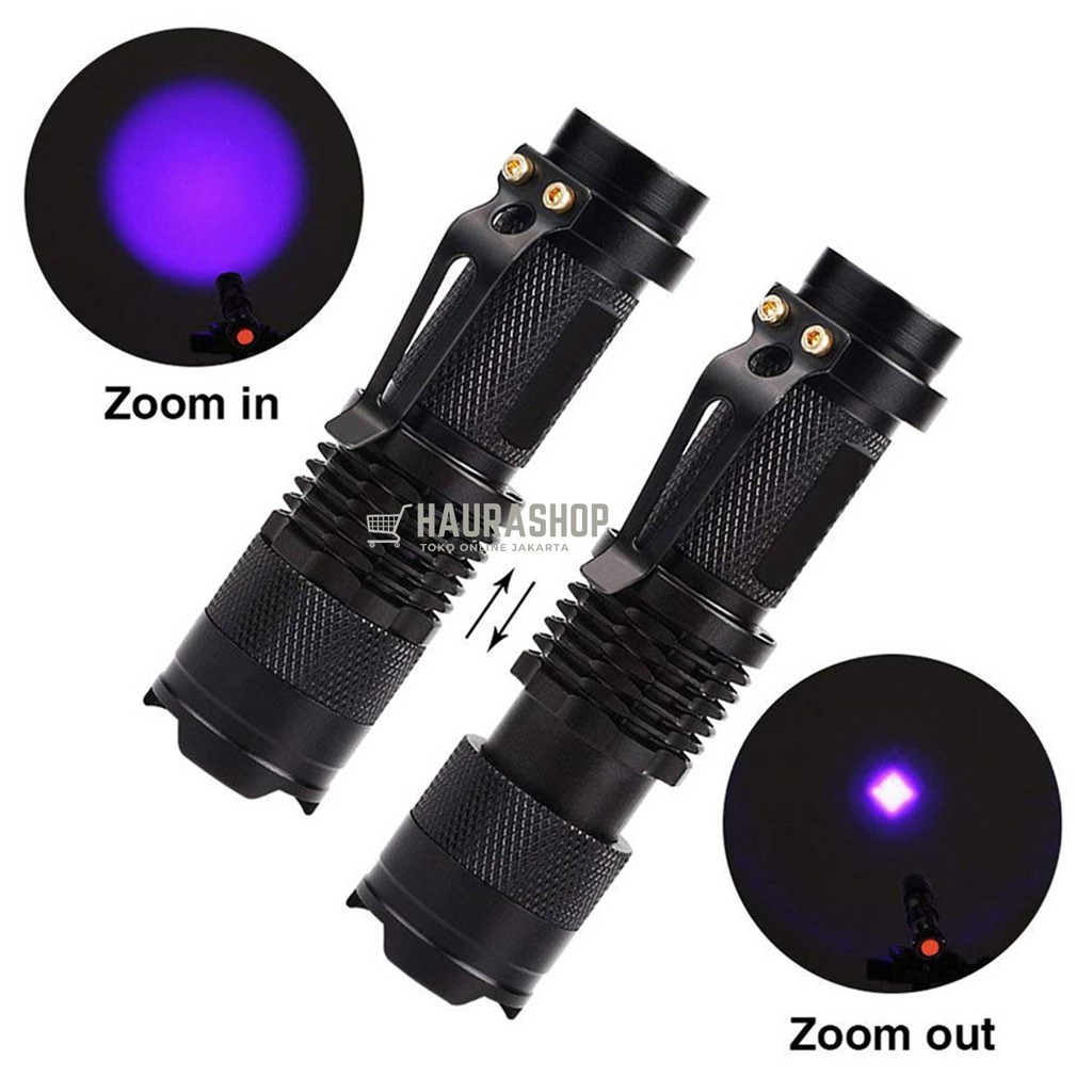 Paket Senter LED UV Q5 Ultraviolet 395nm Alat Cek Uang Palsu Zoom Out Original Taffled