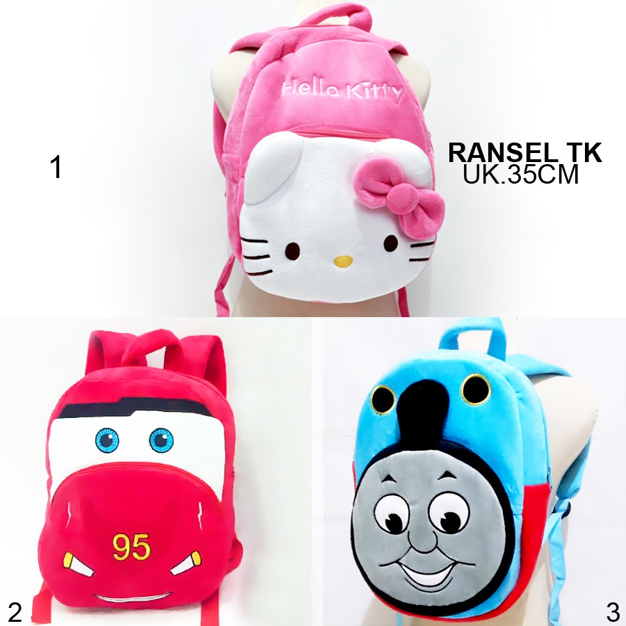 ransel boneka mobil cars thomas kereta hello kitty sanrio uk.35cm impor, ransel sekolah anak tk