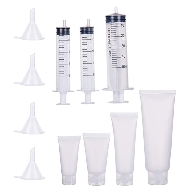 SIY  24 Pack 20/30/50/100ml Plastic Squeeze Cosmetic Tubes with Flip Cap, 4 Funnels, 3 Syringes for Shampoo Lotion Facial Cle