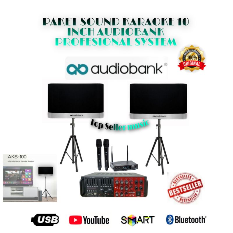GROSIR TERMURAH PAKET KARAOKE AUDIOBANK AK100 ORIGINAL AMPLI POWER MIXER 2MIC WIRELESS BEST PRODUK