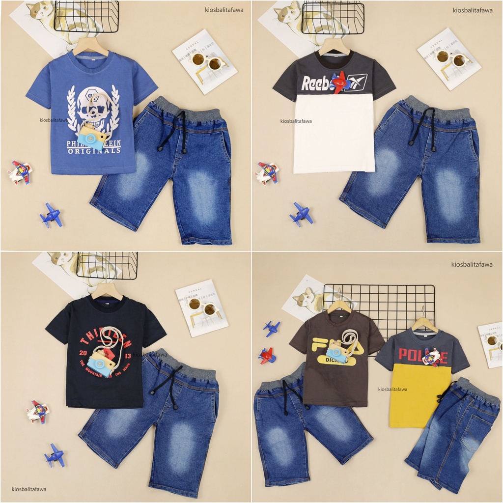 Setelan Vino uk 1-6 Tahun / Set Disro Lengan Pendek Celana Jeans Kantong Anak Laki-Laki Babycinnamon