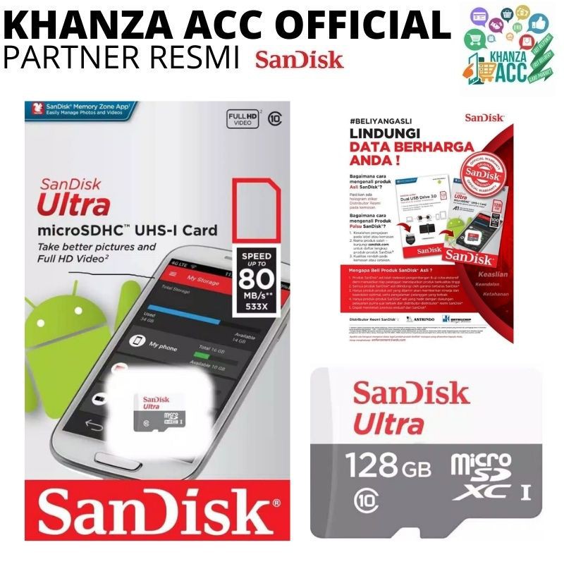 KHANZAACC SANDISK MICROSD ULTRA 128GB CLASS 10 SPEED UP TO 100MB/S