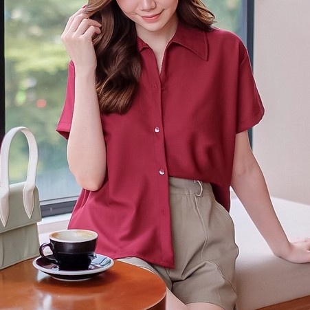 Marimampir Atasan Blouse Kemeja Buttoned Oversize Loose Fit Shirt Wanita BC - Maroon