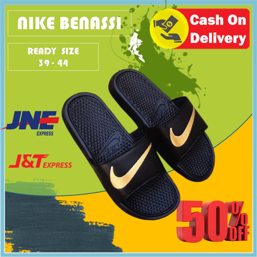 Sandal Slop Nike Bennasi Hitam Logo GOLD