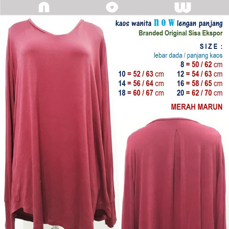 Kaos Polos Wanita NOW - Lengan Panjang - Branded Original Sisa Ekspor - Merah Marun