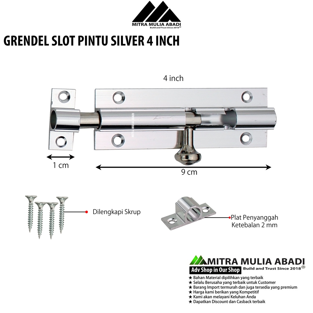 Grendel Alumunium Slot Pintu Jendela 4 Inch / 9 cm perak