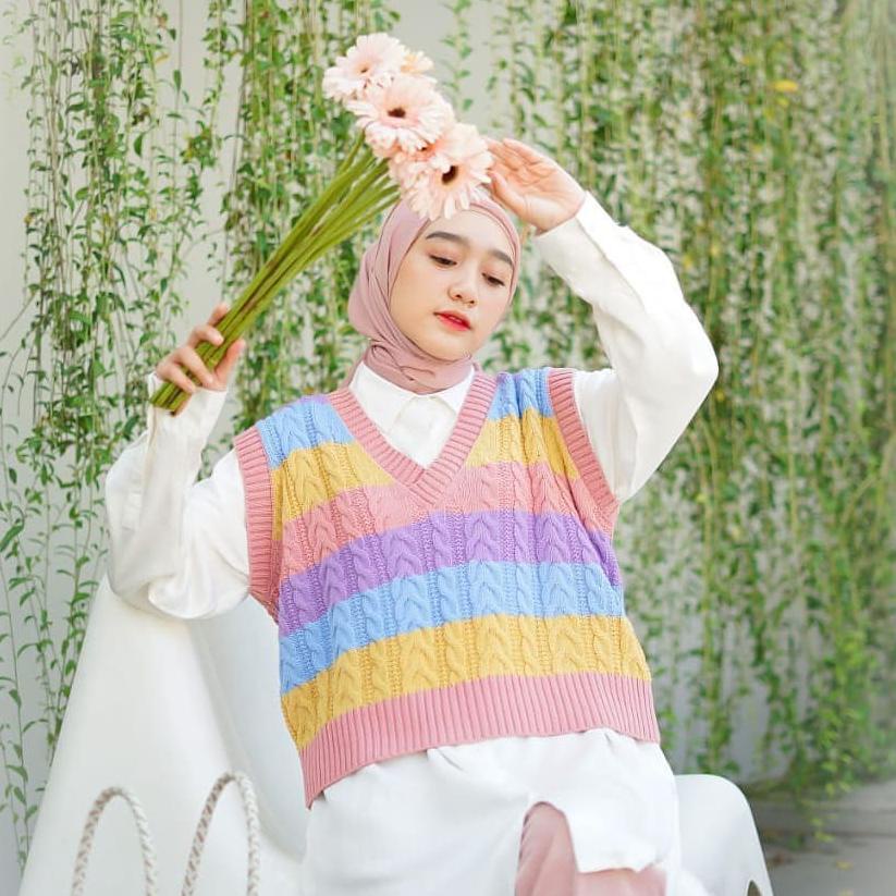 Candy Cable Vest Rompi Rajut Wanita / Vest Cable Rainbow / Rompi Rajut Wanita Warna Pelangi / Rompi 