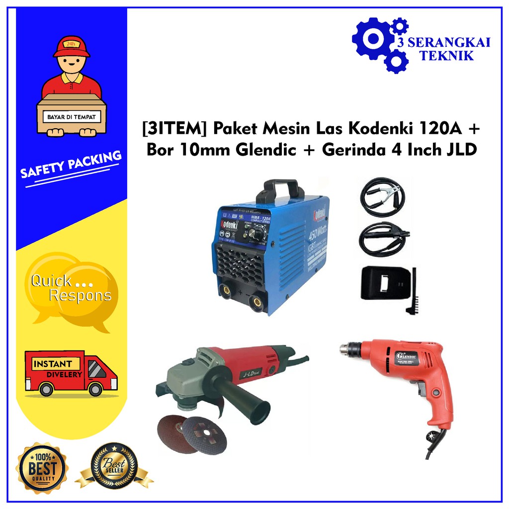 [3ITEM] Paket Mesin Las Kodenki 120A + Bor 10mm Glendic + Gerinda 4 Inch JLD