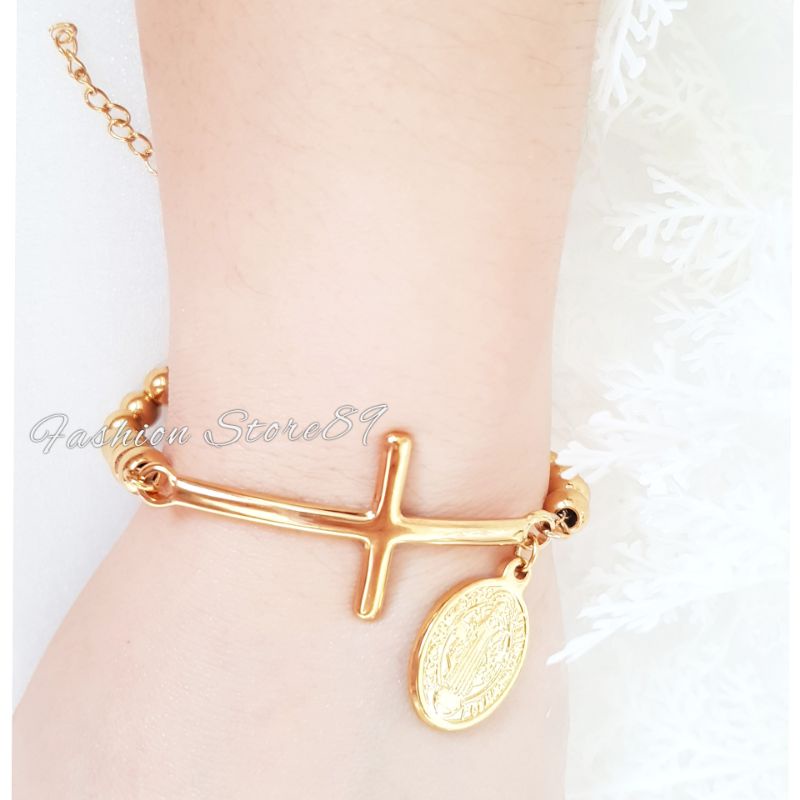 Gelang Rosario Bunda Maria dan Santo Benediktus kombinasi Salib Rantai Butir 6mm gold titanium antikarat fashion rohani pria wanita