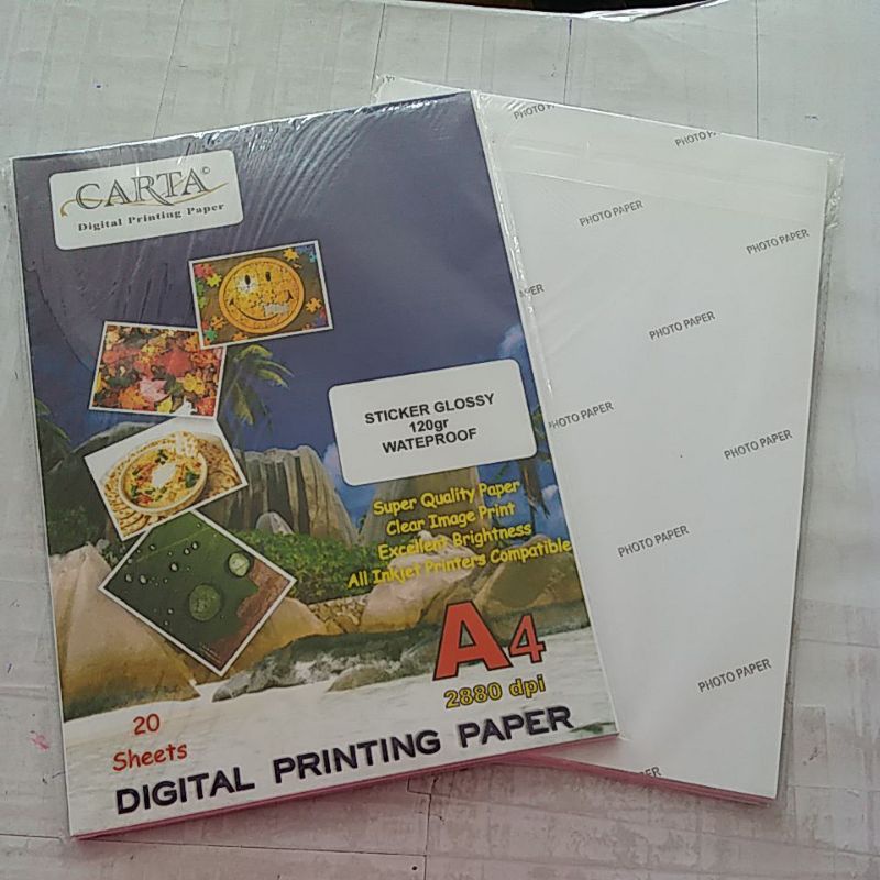 

Glossy Sticker Paper CARTA 120 Gram - ukuran A4 (21x29,7), 1pak Isi 20 Lembar