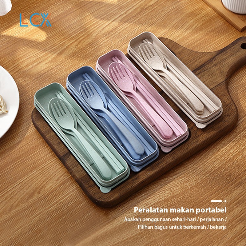 LCX 4 in1 Garpu Sumpit Tableware Travel Cutlery Set Alat Makan Sendok Garpu Sumpit Box BPA Free