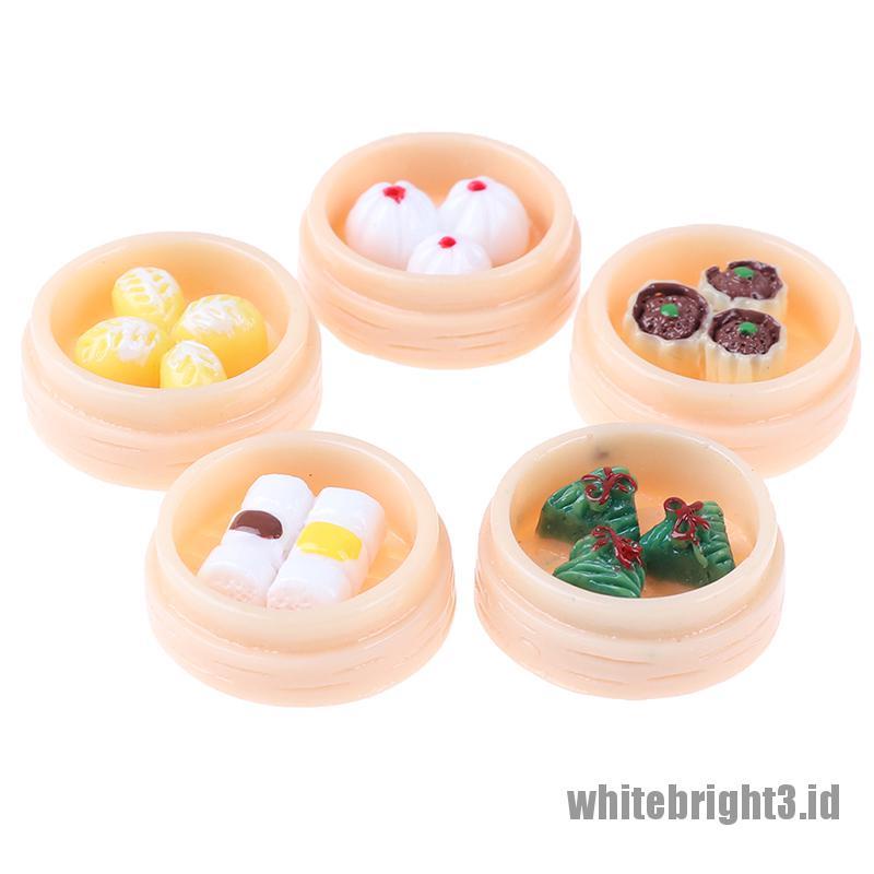 (white3) 5pcs / set Mainan Miniatur Dim Sum Cina Skala 1: 12 Untuk Dekorasi Rumah Boneka