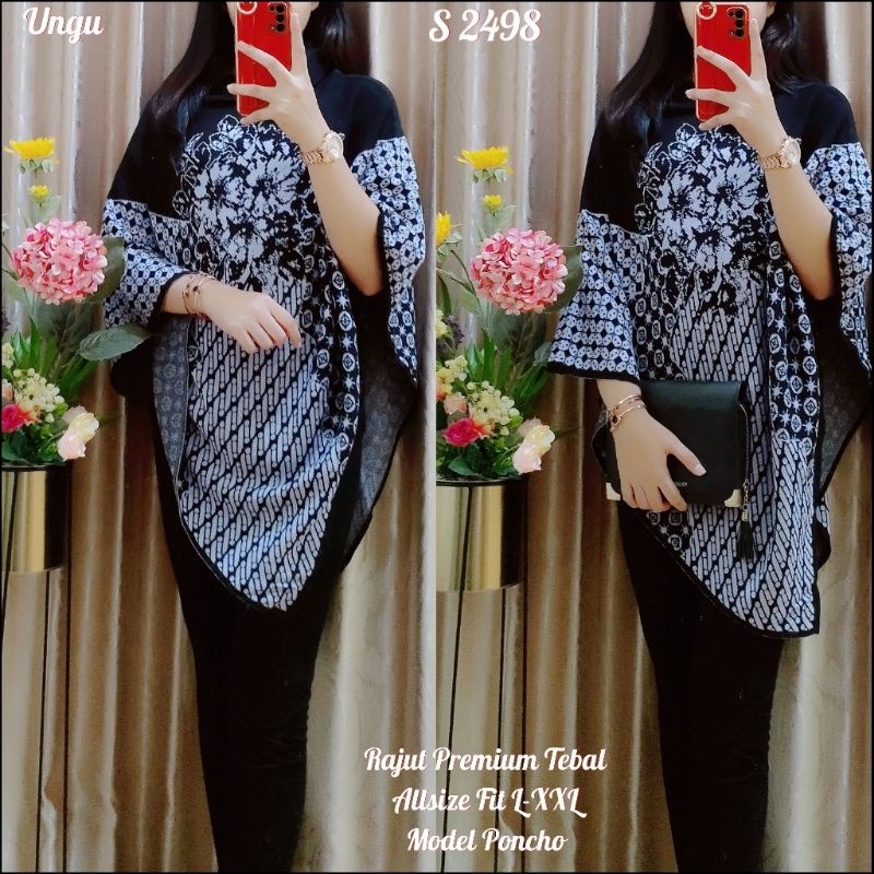 2498 #Atasan Rajut premium Poncho Batik Bunga