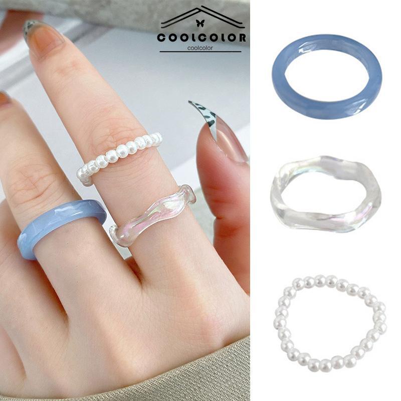 Murah❤️3 Pcs/Set Cincin Resin Korea Sederhana Ring Mutiara Wanita Anti Karat Dan Anti Luntur Set Untuk Hadiah Ulang Tahun Aksesoris Fashion COD