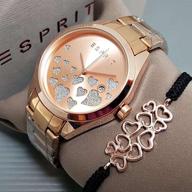 Jam Tangan Wanita / Cewek Esprit Paket Rantai Rosegold Jam Tangan Murah