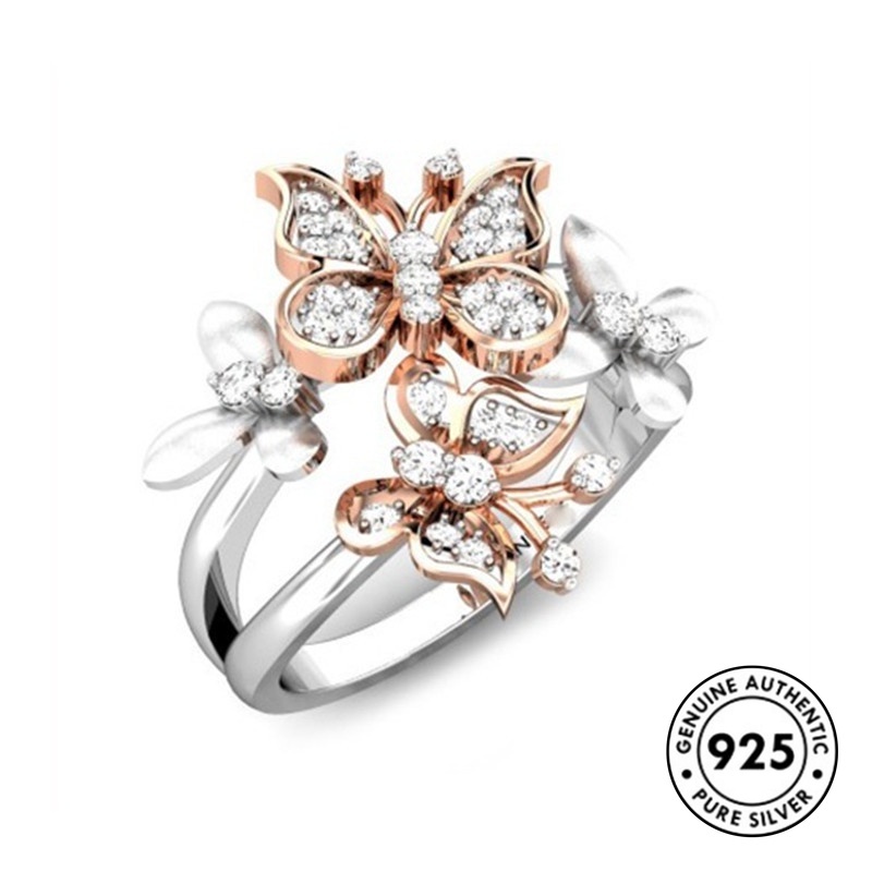 Cincin Bentuk Kupu-Kupu Aksen Berlian Bahan S925 Silver Plated Warna Rose Gold Butterfly