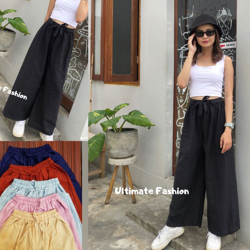 Celana Kulot Linen Highwaist Pinggang Karet Wide Leg Cullote 861