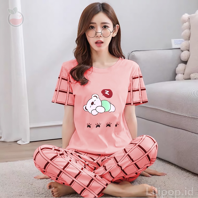 Lilipop.id  Baju Tidur Wanita CP Sleep Bear Setelan Piyama BabyDoll Kaos Celana Panjang