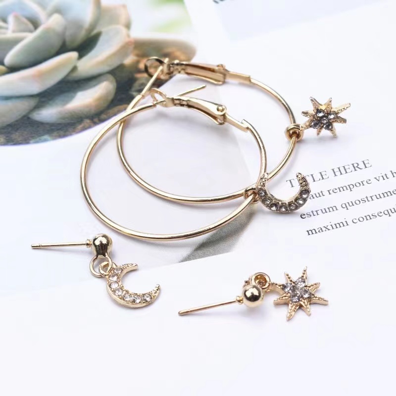 Set Anting Hoop Retro Wanita Motif Bulan Dan Bintang Gaya Korea Fashion Earrings Import