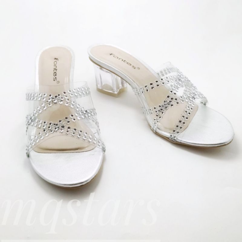 Mqstars-HIGH HEEL WANITA KACA TALI PERMATA/Sandal Heels Hak Kaca 5 cm